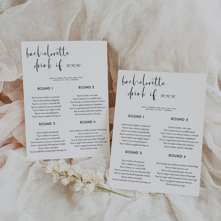 Fully editable and printable bridal shower dirty bachelorette drink if game with a modern minimalist design. Perfect for a modern simple bridal shower themed party