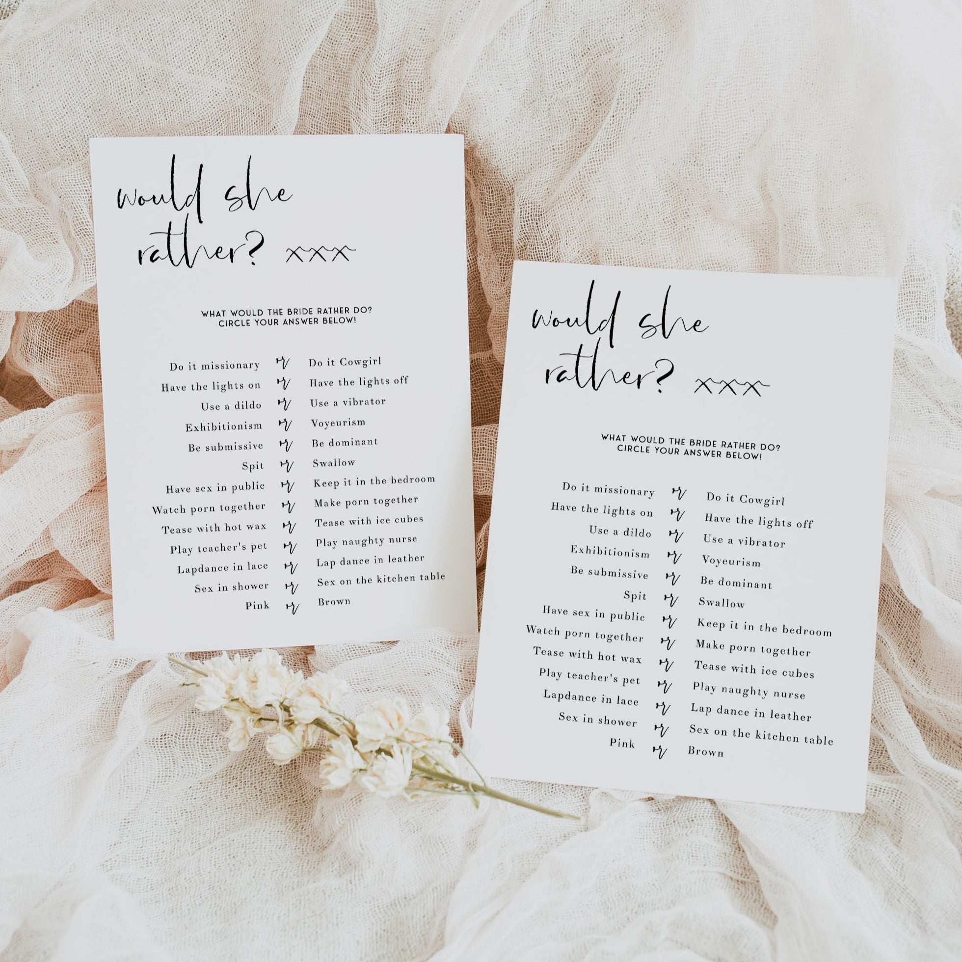 Fully editable and printable bridal shower dirty would she rather game with a modern minimalist design. Perfect for a modern simple bridal shower themed party