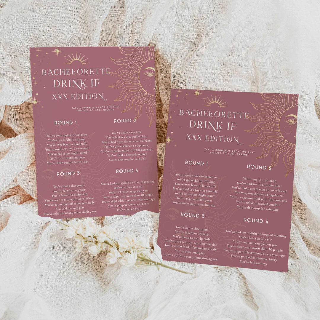 Fully editable and printable dirty bachelorette drink if game with a celestial design. Perfect for a celestial bridal shower themed party