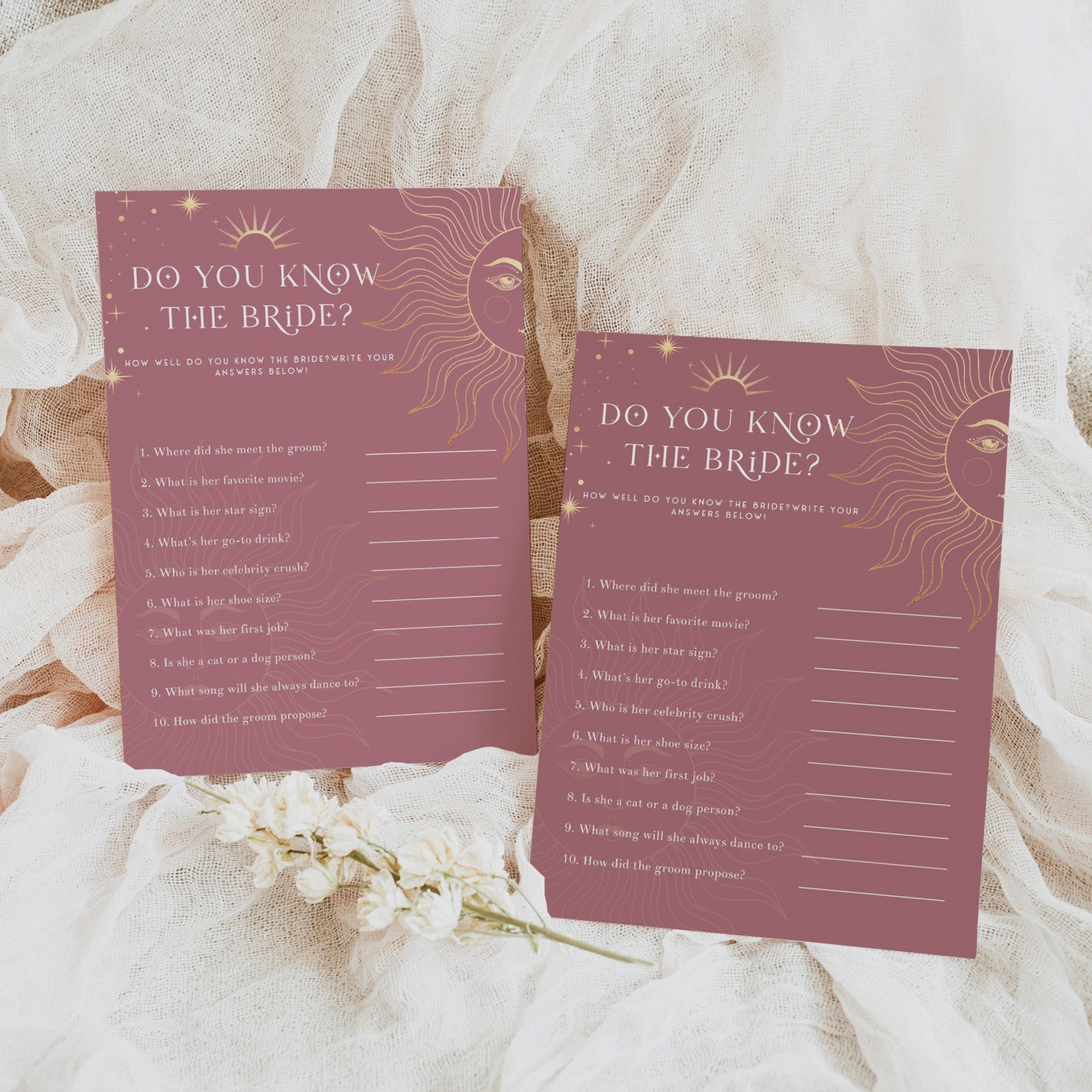 Fully editable and printable bridal shower do you know the bride game with a celestial design. Perfect for a celestial bridal shower themed party
