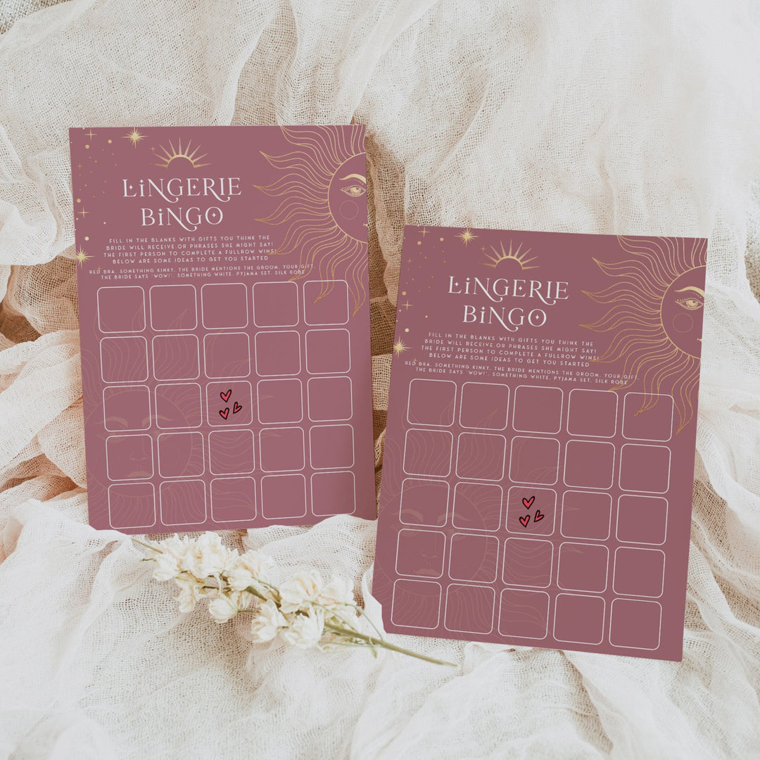 Fully editable and printable bridal shower lingerie bingo game with a celestial design. Perfect for a celestial bridal shower themed party