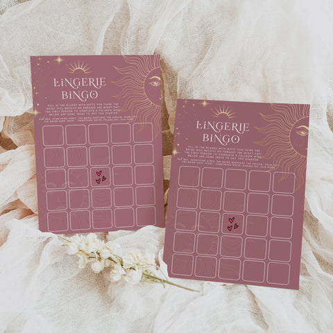 Fully editable and printable bridal shower lingerie bingo game with a celestial design. Perfect for a celestial bridal shower themed party