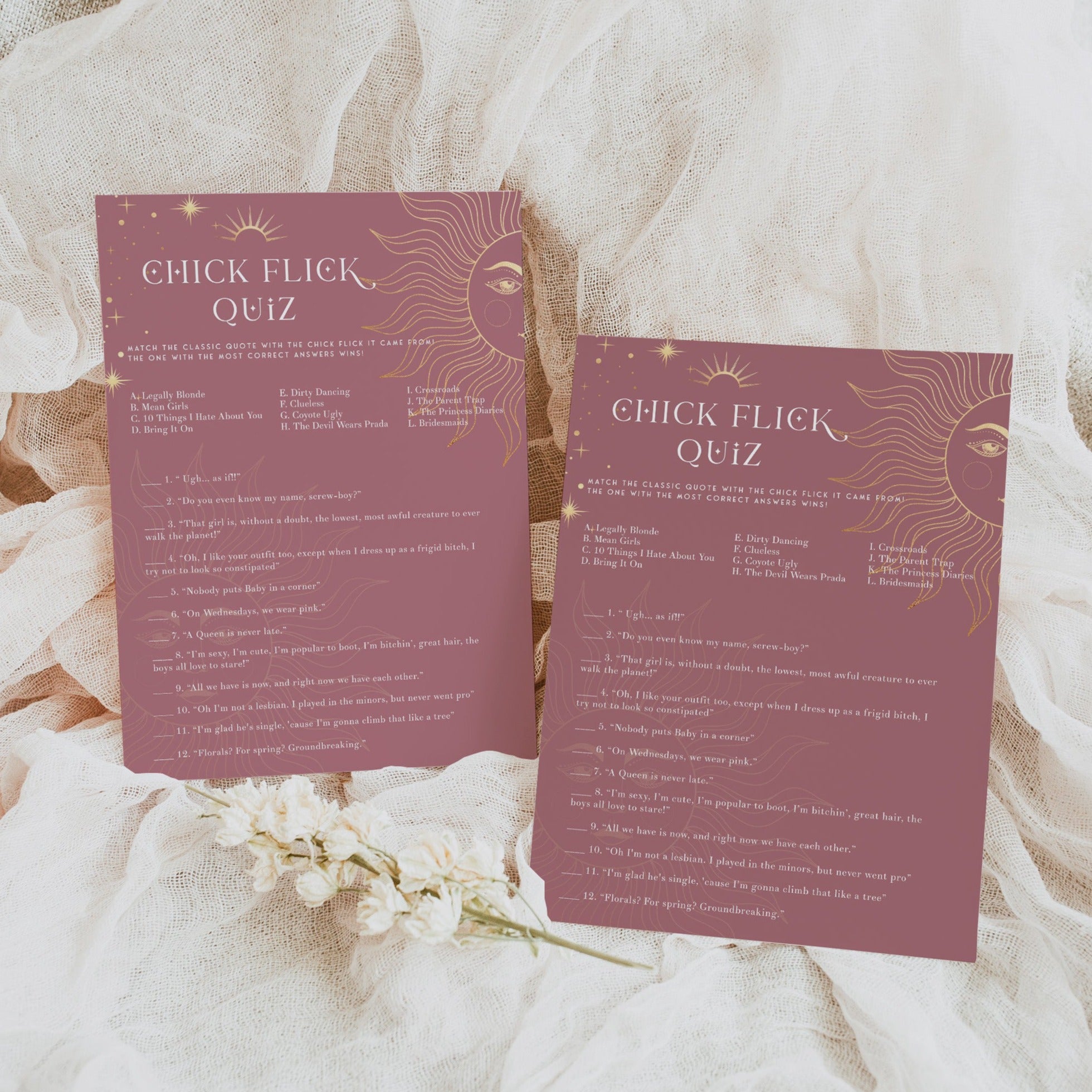 Fully editable and printable bridal shower chick flick quiz game with a celestial design. Perfect for a celestial bridal shower themed party