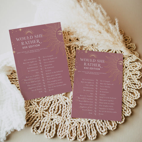 Fully editable and printable bridal shower dirty would she rather game with a celestial design. Perfect for a celestial bridal shower themed party