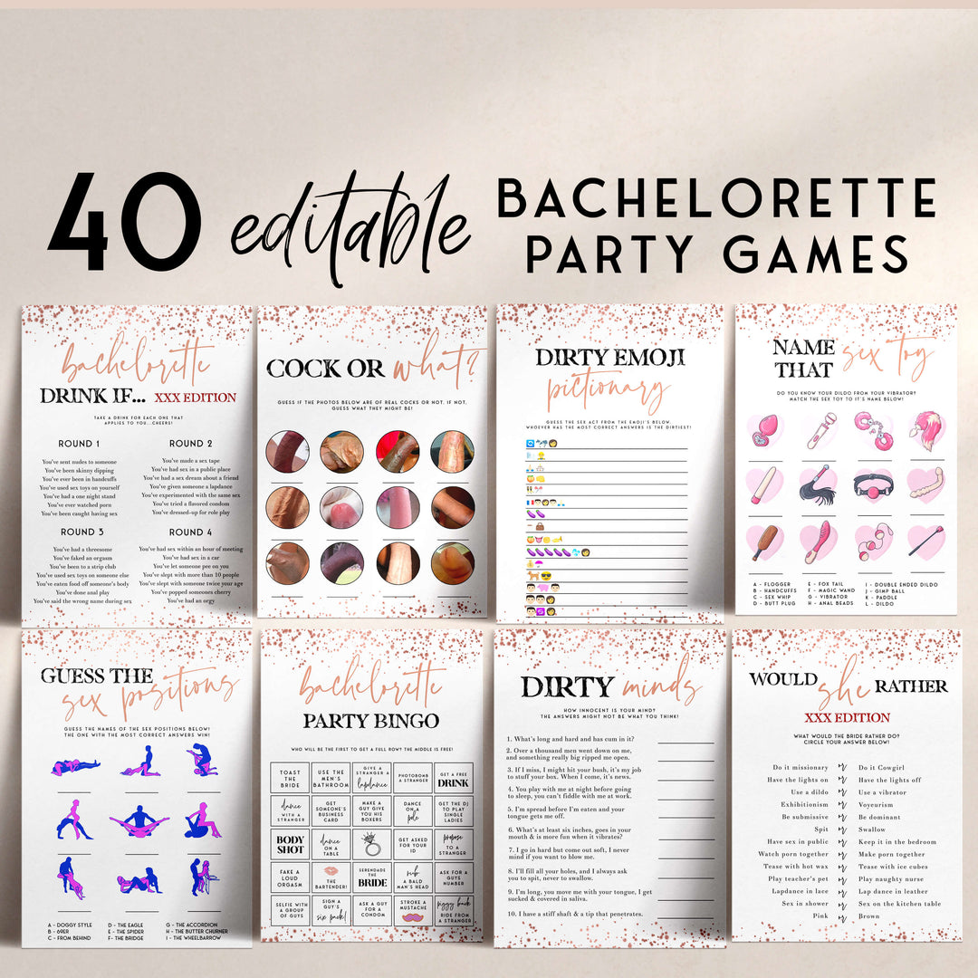 40 fully editable rose gold bachelorette party games, fully editable bachelorette games, rose gold bridal games