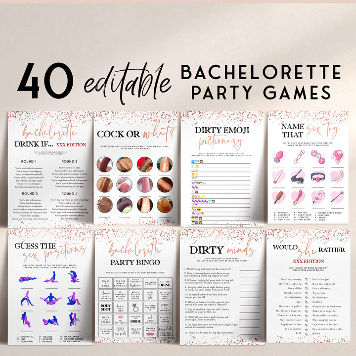 40 fully editable rose gold bachelorette party games, fully editable bachelorette games, rose gold bridal games