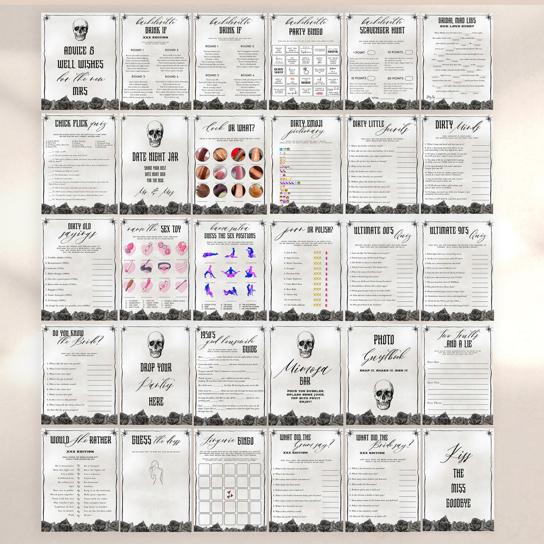Fully editable and printable 40 bachelorette bride or die games with a gothic design. Perfect for a Bride or Die bachelorette themed party