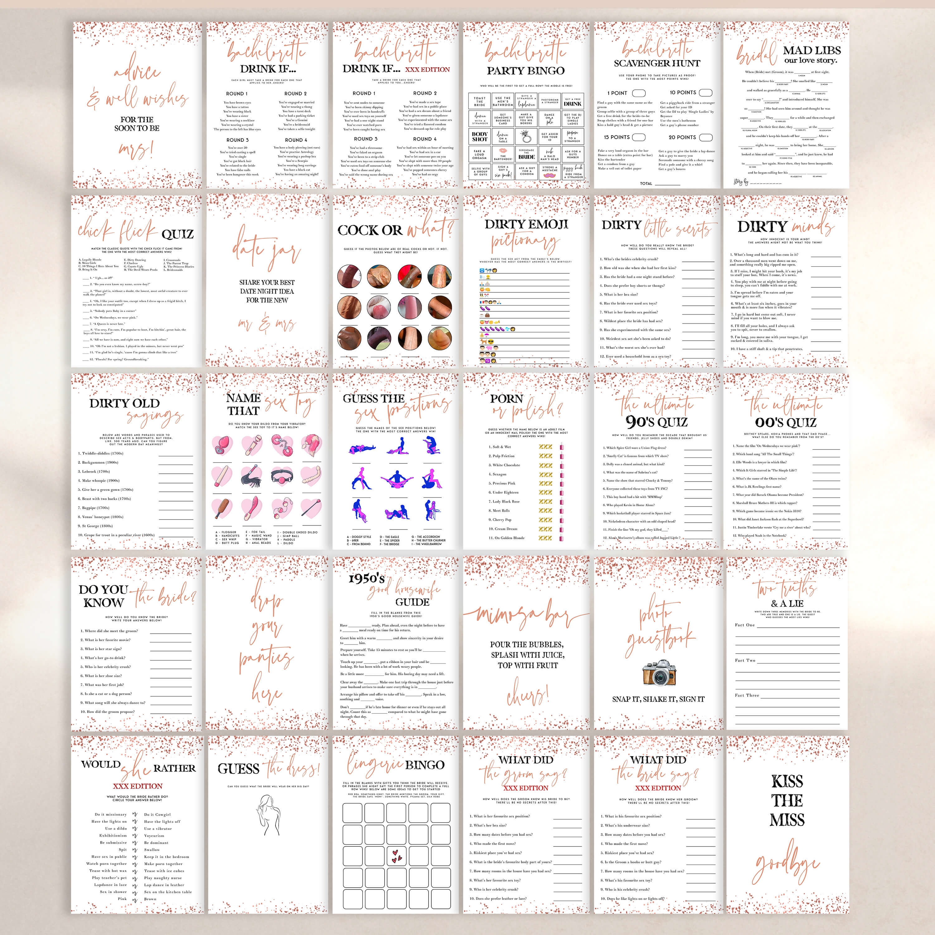 40 fully editable rose gold bachelorette party games, fully editable bachelorette games, rose gold bridal games