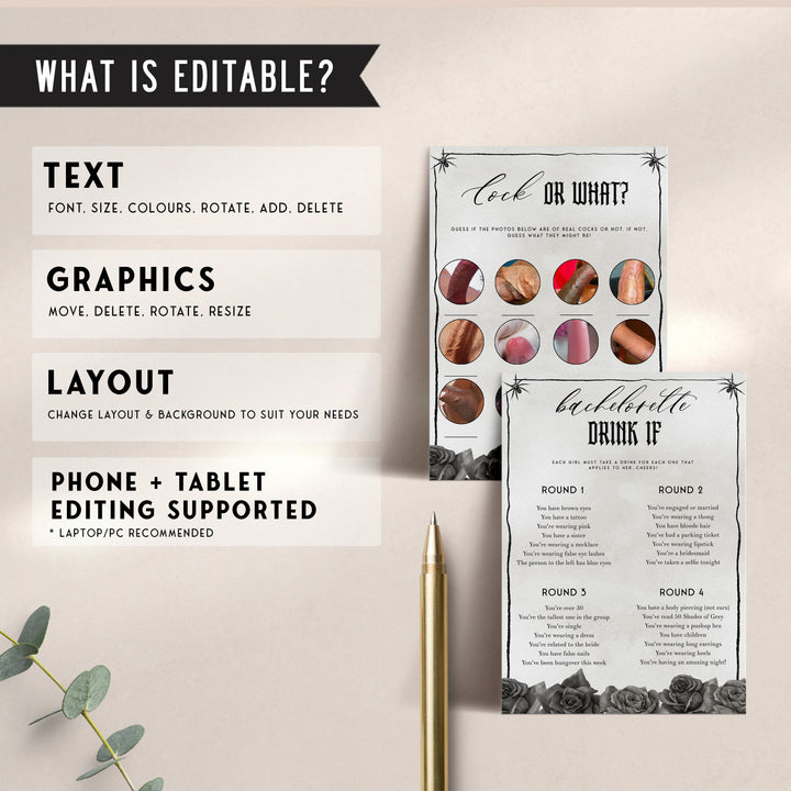 Fully editable and printable 40 bachelorette bride or die games with a gothic design. Perfect for a Bride or Die bachelorette themed party