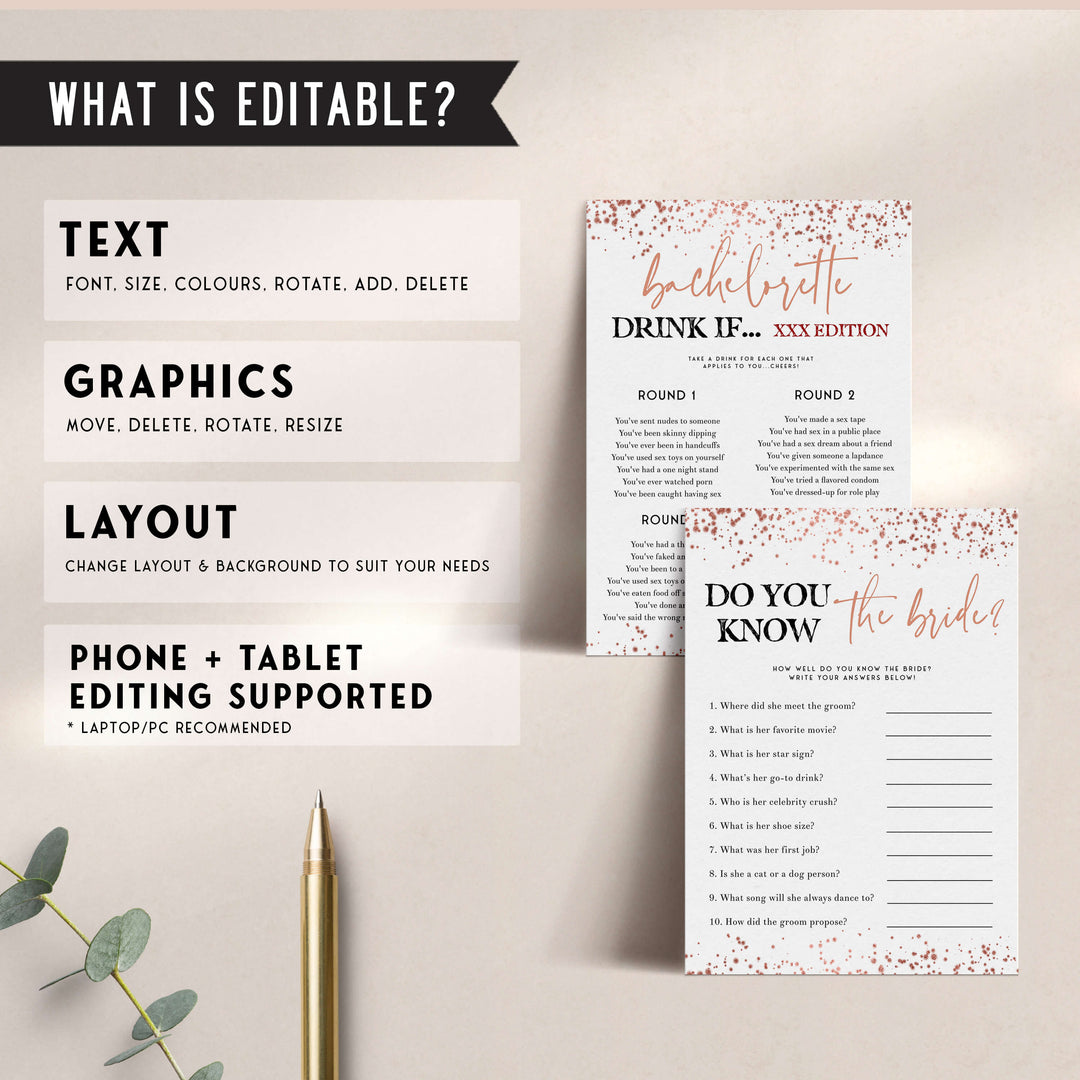 40 fully editable rose gold bachelorette party games, fully editable bachelorette games, rose gold bridal games