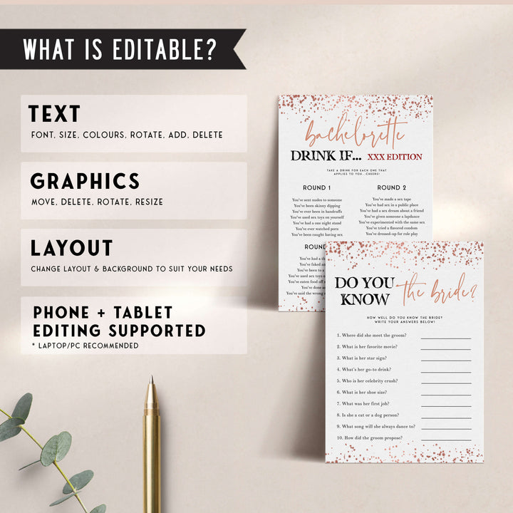 40 fully editable rose gold bachelorette party games, fully editable bachelorette games, rose gold bridal games