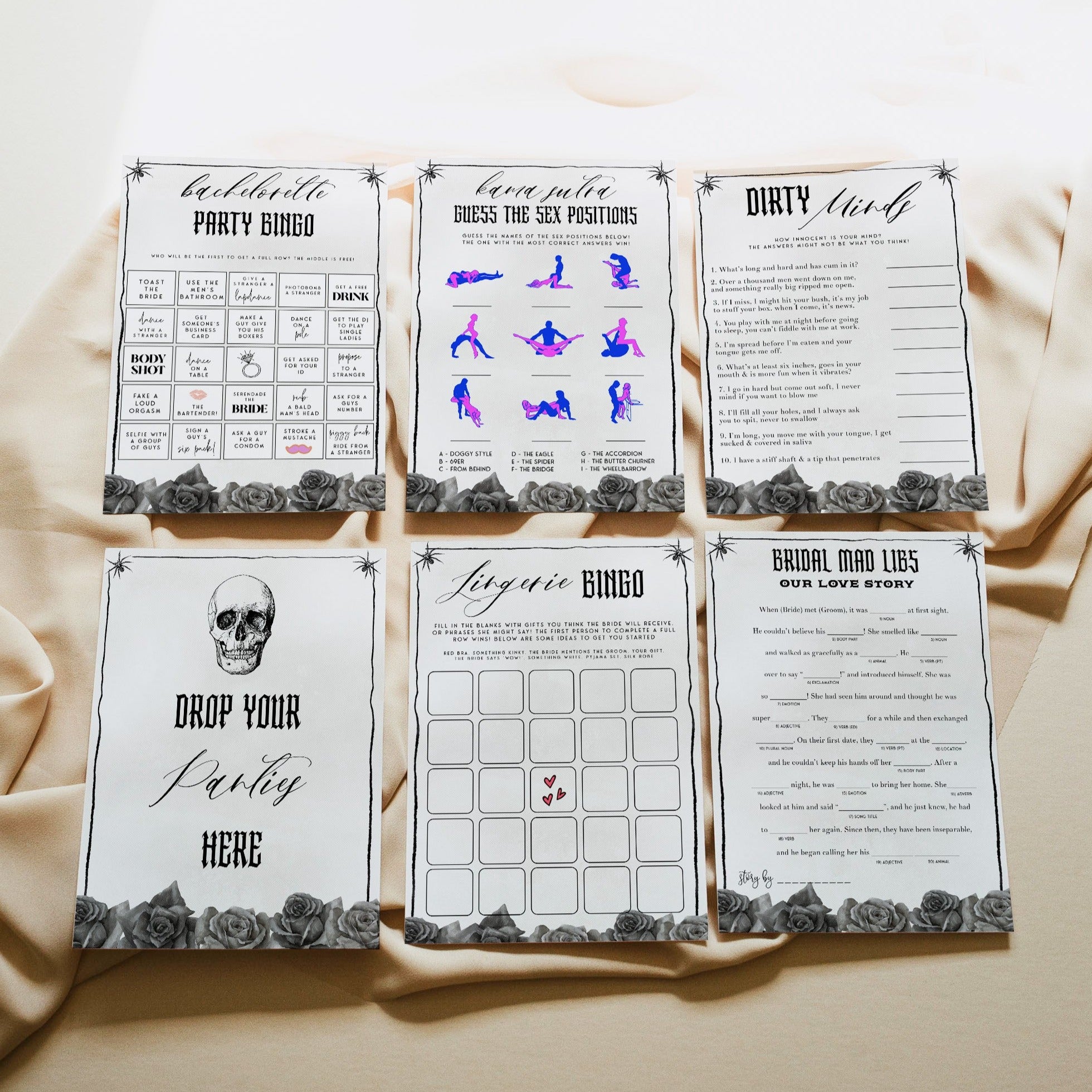 Fully editable and printable 40 bachelorette bride or die games with a gothic design. Perfect for a Bride or Die bachelorette themed party