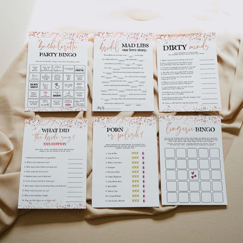 40 fully editable rose gold bachelorette party games, fully editable bachelorette games, rose gold bridal games