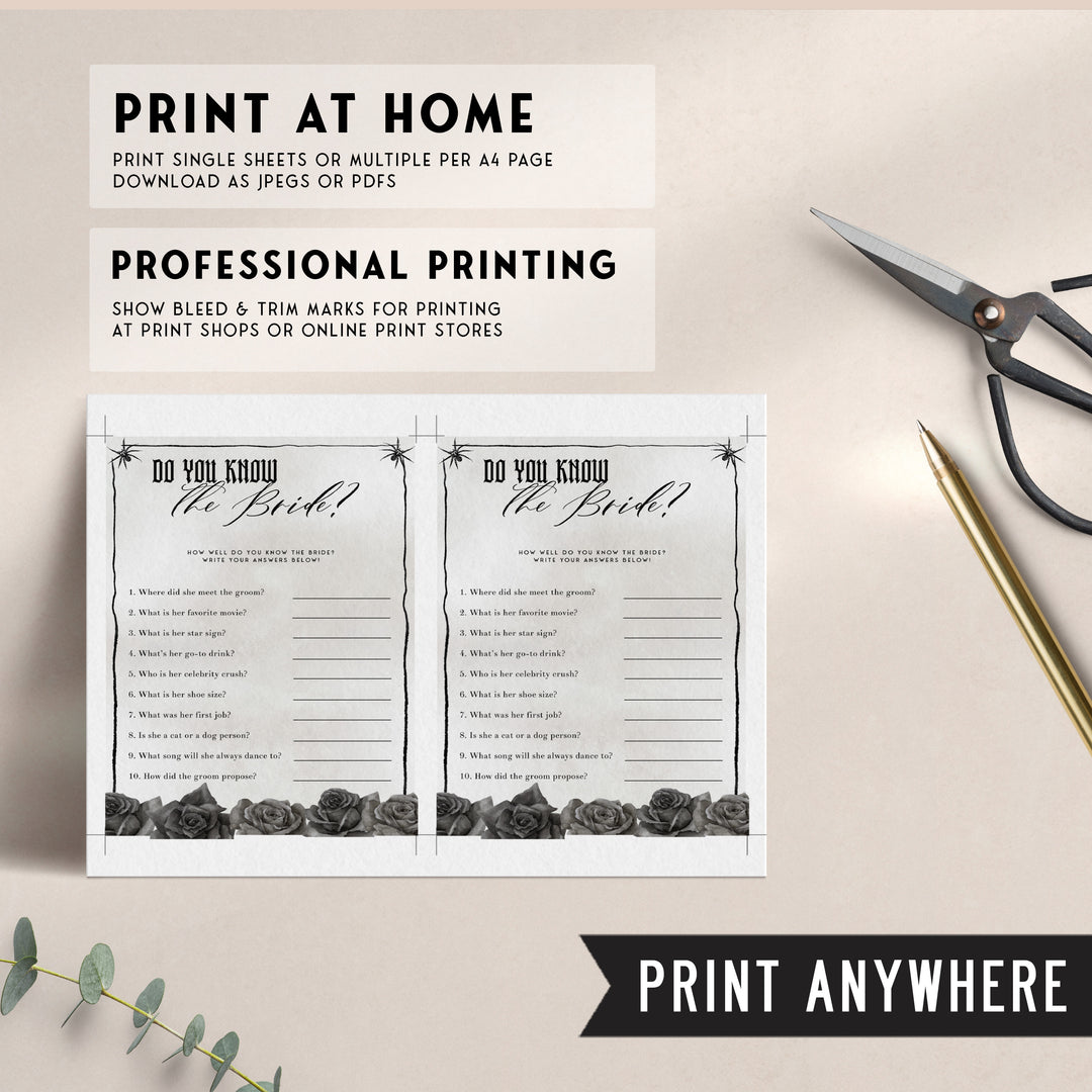 Fully editable and printable 40 bachelorette bride or die games with a gothic design. Perfect for a Bride or Die bachelorette themed party