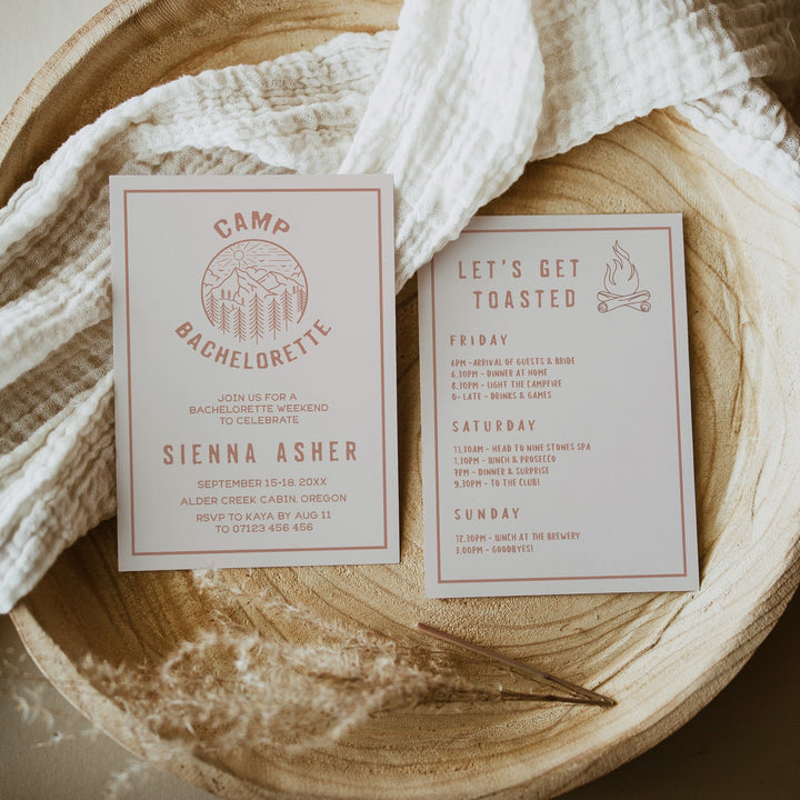 Fully editable and printable bachelorette invitations with a pine cabin design. Perfect for a cabin adventure Bachelorette themed party