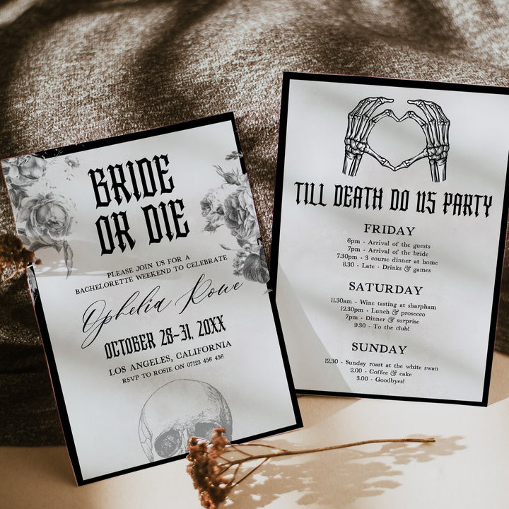 Fully editable and printable bridal shower and bachelorette invitation with a gothic design. Perfect for a Bride or Die or Death Us To Party bridal shower themed party