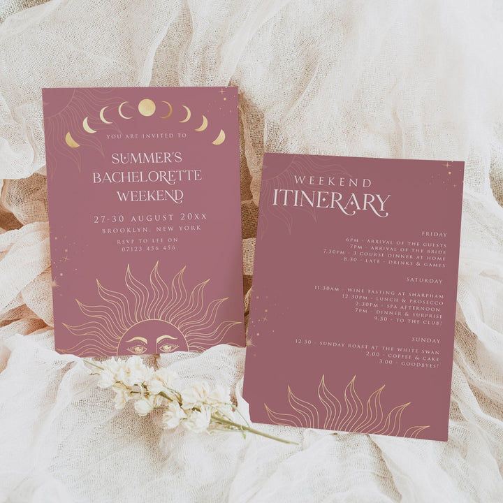 Fully editable and printable bachelorette weekend invitation with a celestial design. Perfect for a celestial bridal shower themed party
