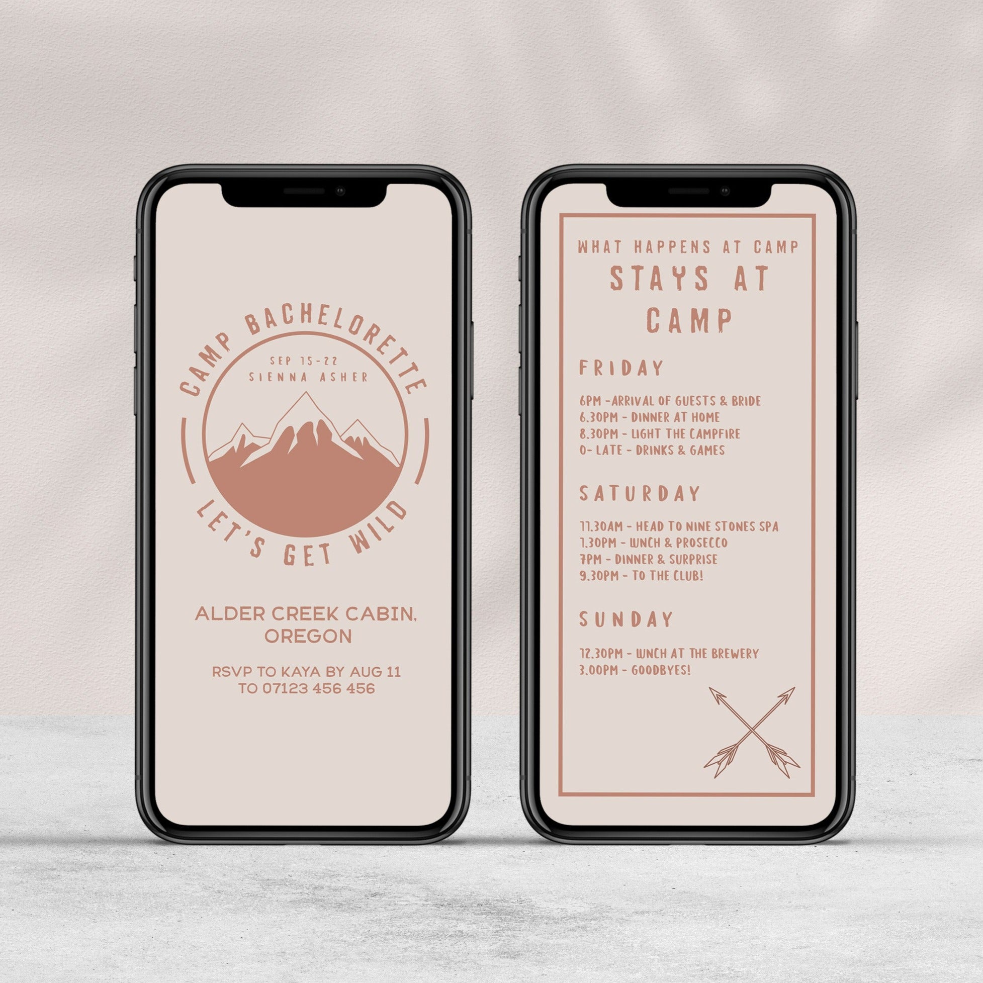 Fully editable bachelorette mobile invitation with a pine cabin design. Perfect for a cabin adventure Bachelorette themed party