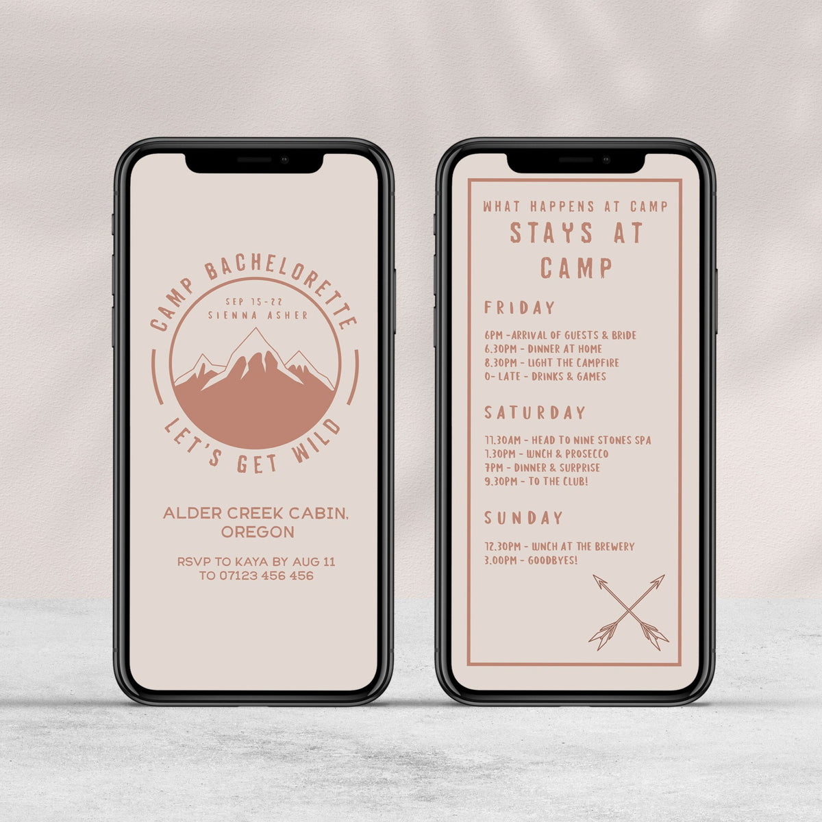Fully editable bachelorette mobile invitation with a pine cabin design. Perfect for a cabin adventure Bachelorette themed party