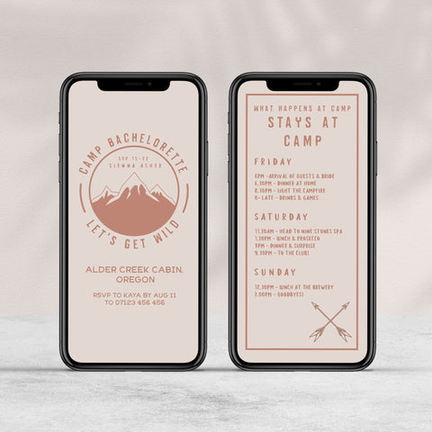 Fully editable bachelorette mobile invitation with a pine cabin design. Perfect for a cabin adventure Bachelorette themed party