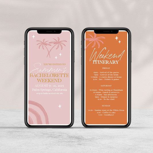 Fully editable and printable bachelorette weekend mobile invitation with a Palm Springs design. Perfect for a Palm Springs bridal shower themed party