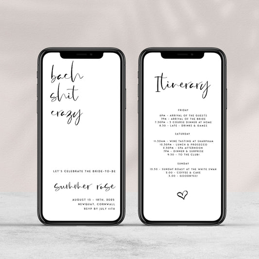 Fully editable bach shit crazy mobile invitation with a modern minimalist design. Perfect for a modern simple bridal shower themed party