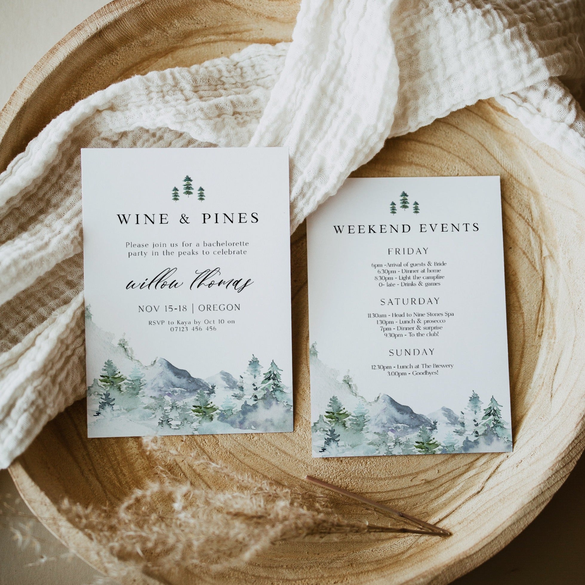 Fully editable and printable wine and pines invitation with a mountain design. Perfect for a snowy cabin mountain bridal shower