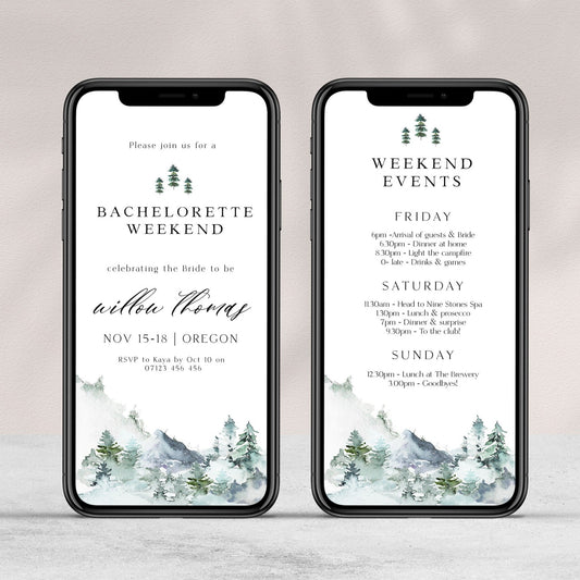 Fully editable mountain cabin mobile invitation with a mountain design. Perfect for a snowy cabin mountain bachelorette party