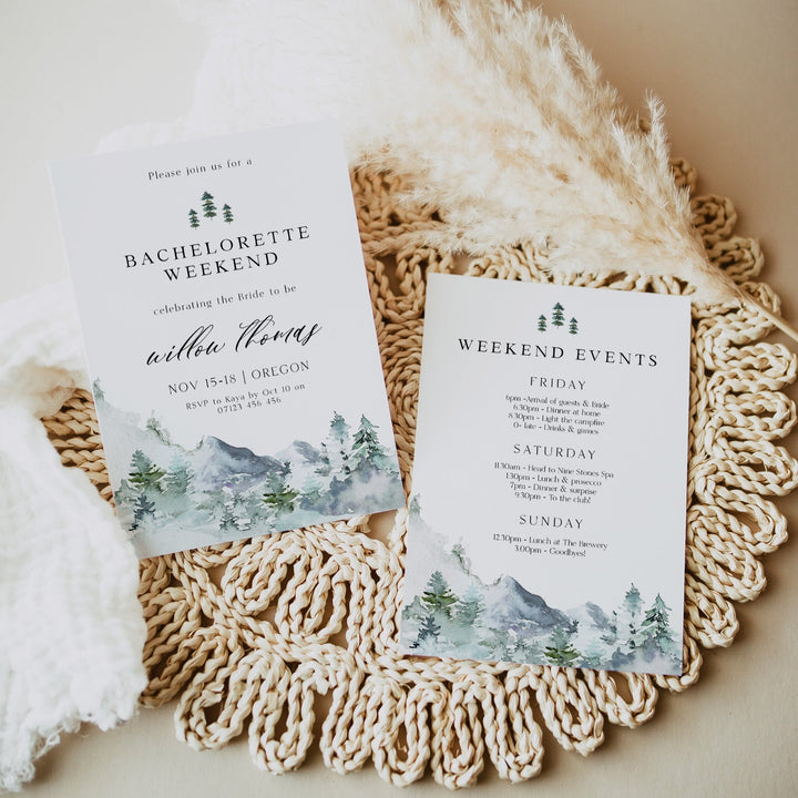 Fully editable and printable mountain cabin invitation with a mountain design. Perfect for a snowy cabin mountain bridal shower