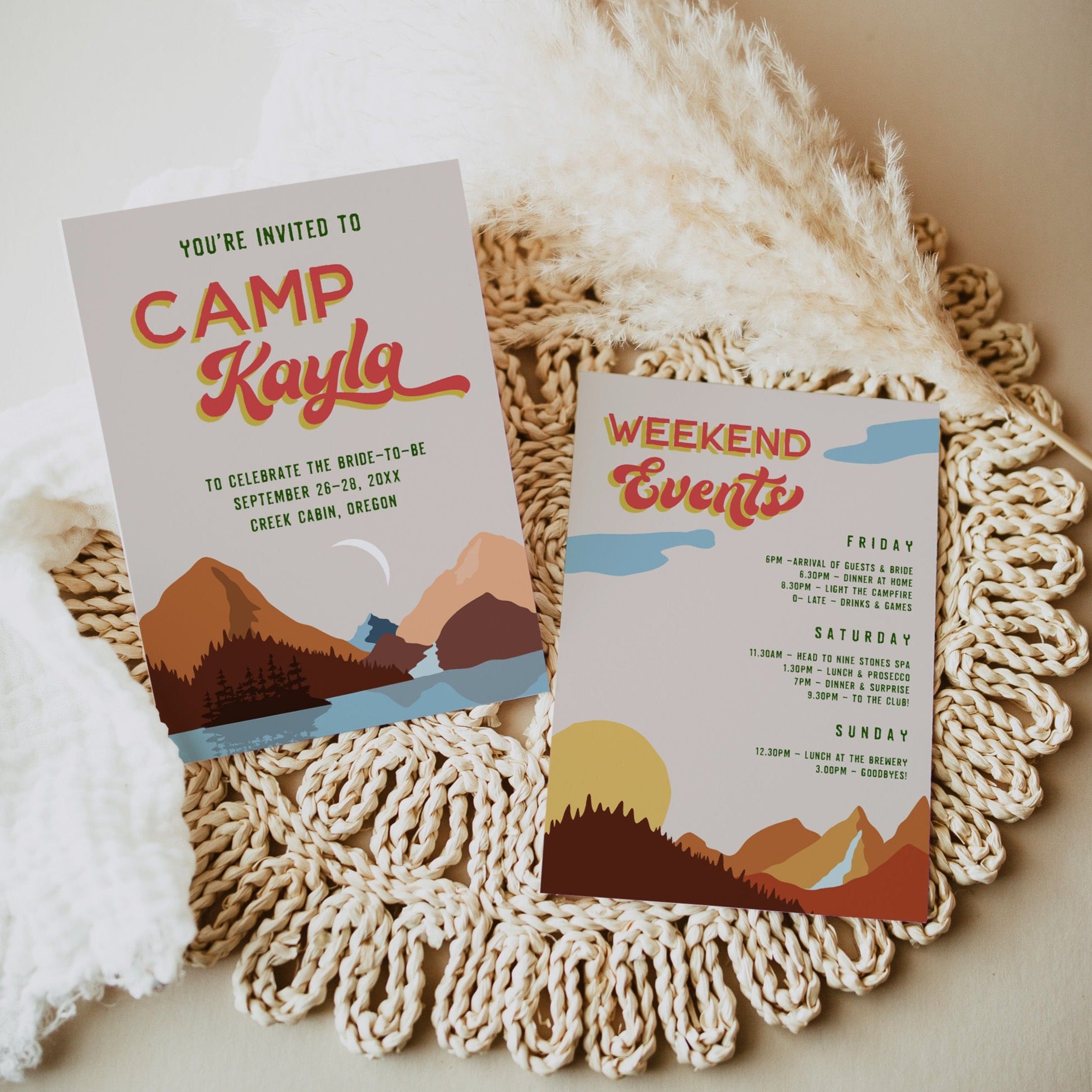 Fully editable and printable retro bachelorette invitation with a pine cabin design. Perfect for a cabin adventure Bachelorette themed party