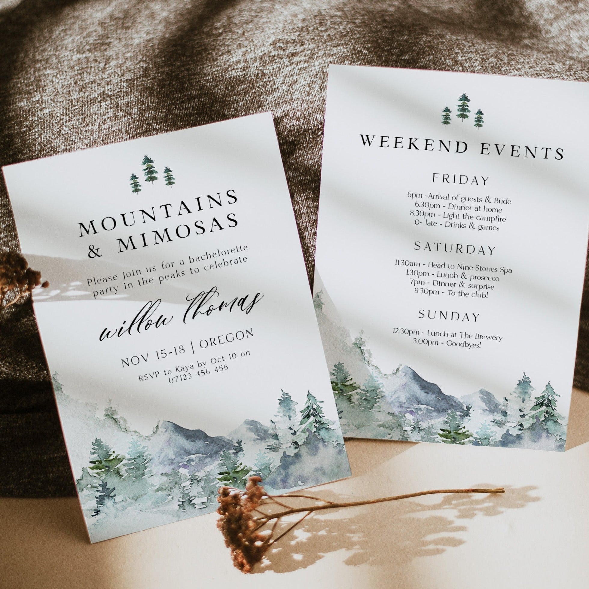 Fully editable and printable mountains & mimosa invitation with a mountain design. Perfect for a snowy cabin mountain bridal shower