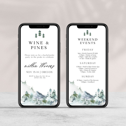 Fully editable mountain cabin mobile invitation with a mountain design. Perfect for a snowy cabin mountain bachelorette party