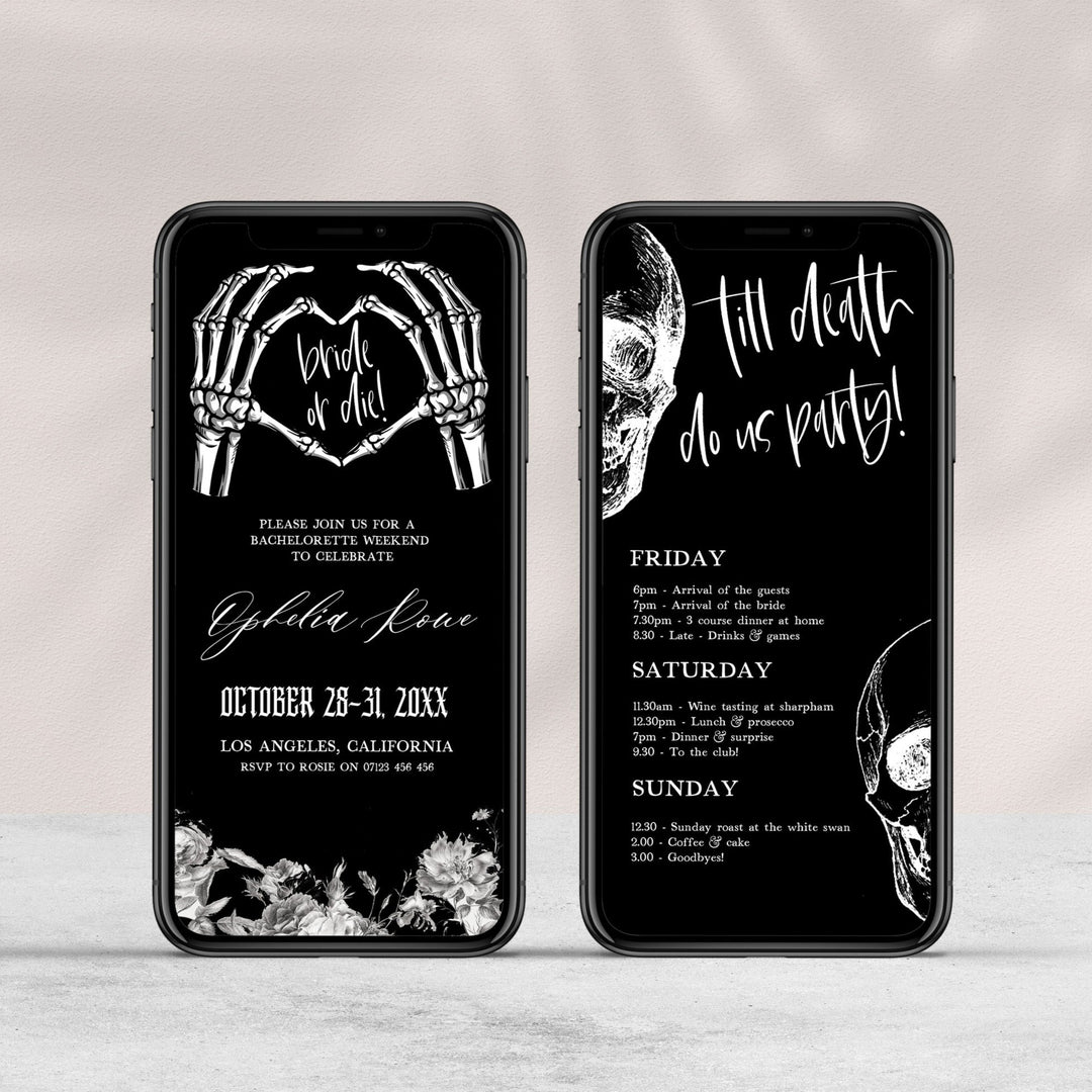 Fully editable bridal and bachelorette mobile invitation with a gothic design. Perfect for a Bride or Die or Death Us To Party bridal shower themed party