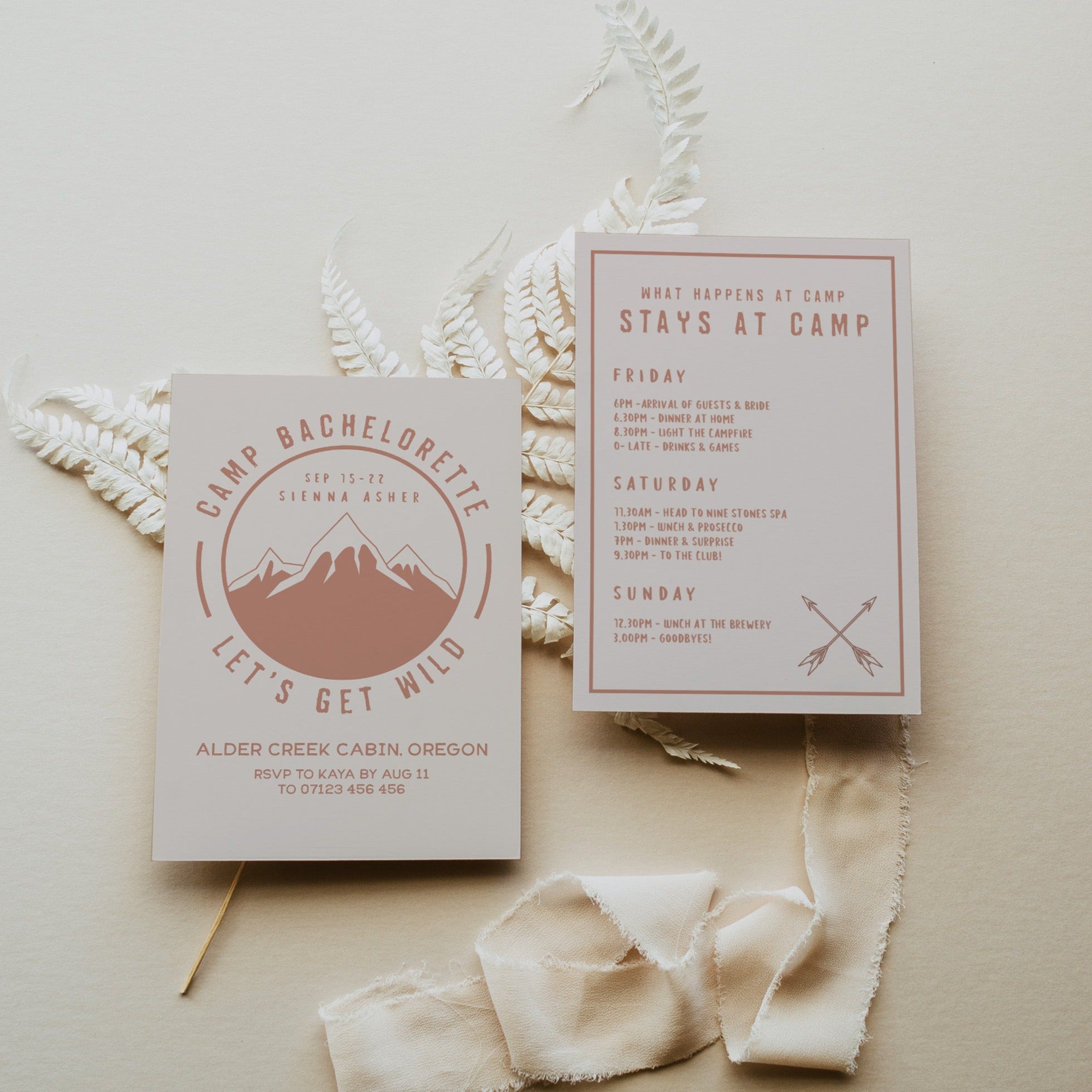 Fully editable and printable bachelorette invitations with a pine cabin design. Perfect for a cabin adventure Bachelorette themed party