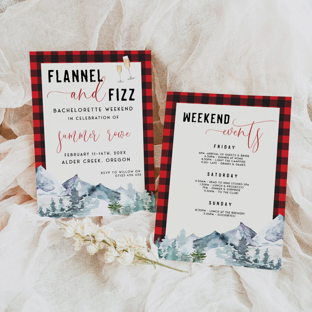 Fully editable and printable bachelorette invitation with a flannel design. Perfect for a woodland flannel Bachelorette themed party