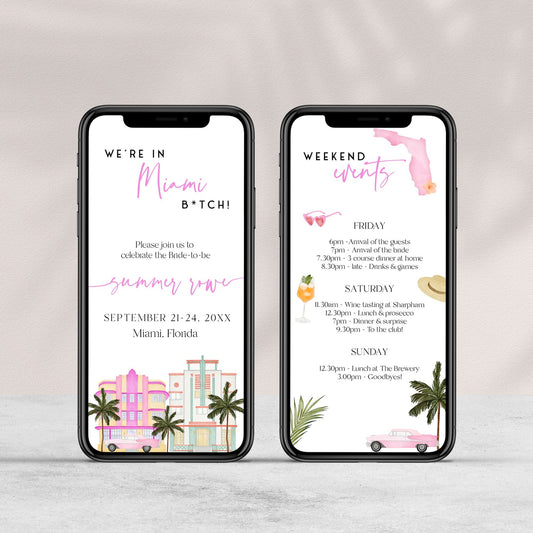 Fully editable and printable miami bitch bachelorette invitation with a miami design. Perfect for a miami, Bachelorette themed party