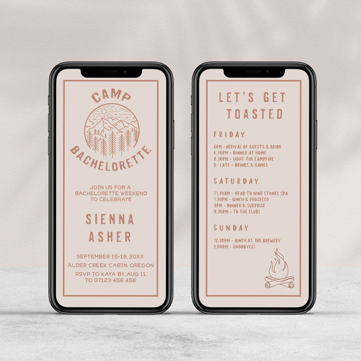 Fully editable bachelorette mobile invitation with a pine cabin design. Perfect for a cabin adventure Bachelorette themed party