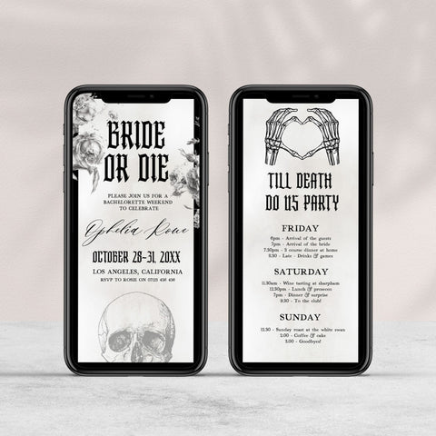 Fully editable and printable bridal and bachelorette invitation with a gothic design. Perfect for a Bride or Die or Death Us To Party bridal shower themed party