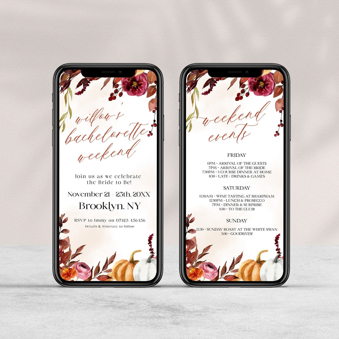 Fully editable bachelorette weekend mobile invitation with a Fall design. Perfect for a fall floral bridal shower