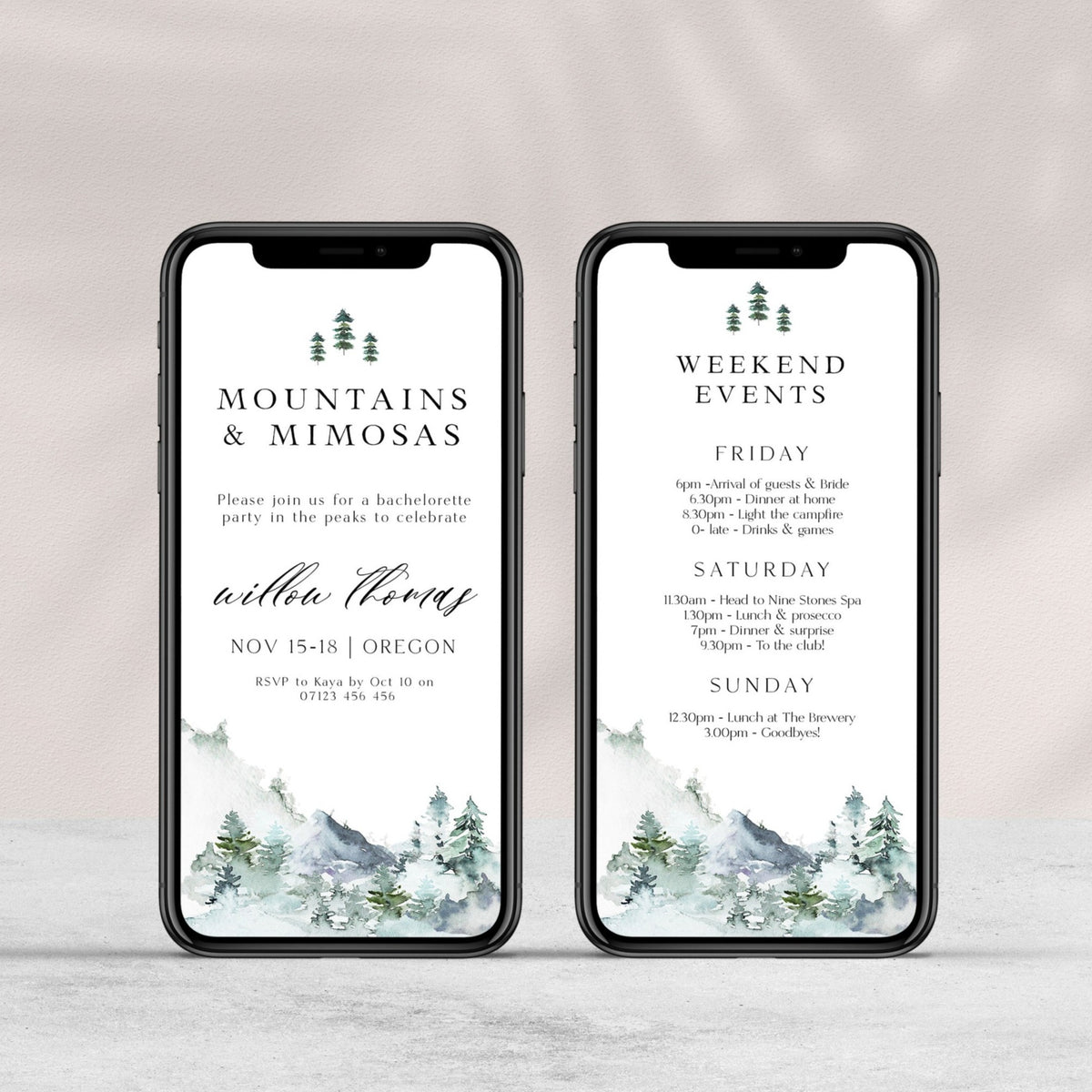 Fully editable mountain cabin mobile invitation with a mountain design. Perfect for a snowy cabin mountain bachelorette party