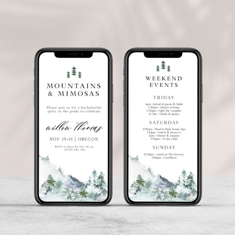 Fully editable mountain cabin mobile invitation with a mountain design. Perfect for a snowy cabin mountain bachelorette party
