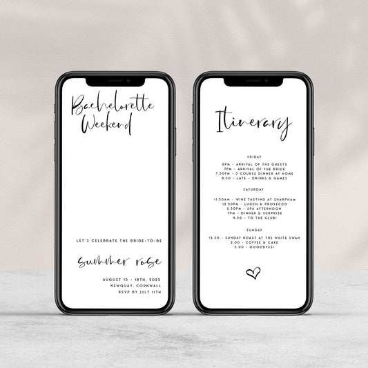 Fully editable bachelorette weekend mobile invitation with a modern minimalist design. Perfect for a modern simple bridal shower themed party