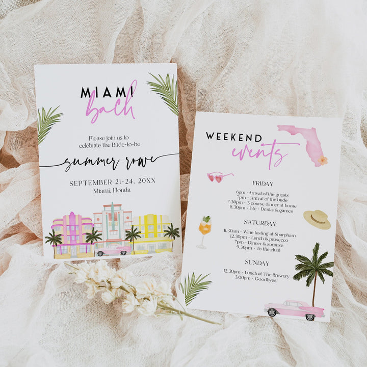 Fully editable and printable bachelorette weekend invitation with a miami design. Perfect for a miami, Bachelorette themed party