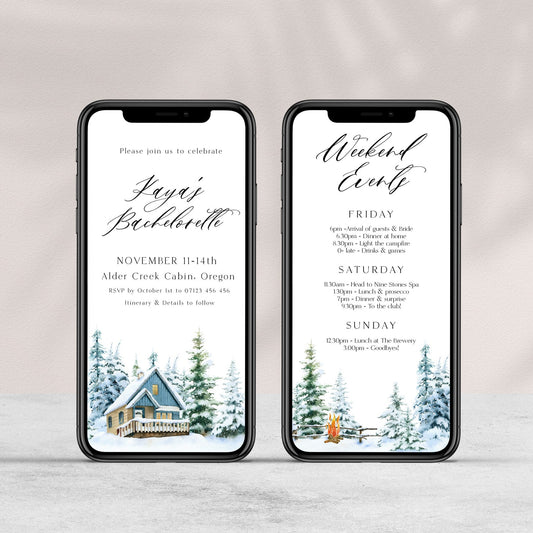 Fully editable mountain cabin mobile invitation with a mountain design. Perfect for a snowy cabin mountain bachelorette party