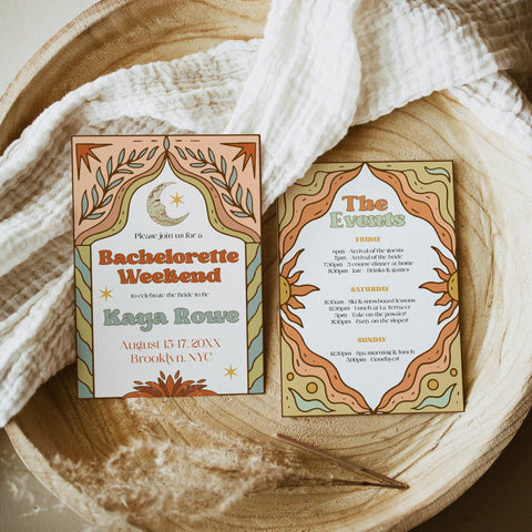 60s Gypsy Boho-inspired editable bachelorette weekend invitation is the perfect way to add a touch of free-spirited charm to your special day