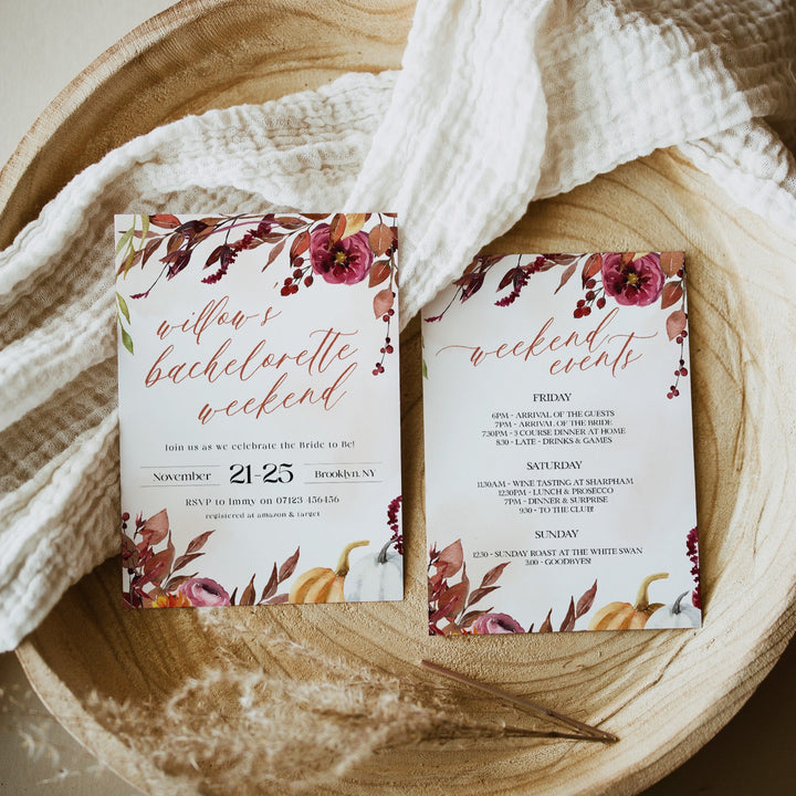 Fully editable and printable bachelorette weekend invitation with a Fall design. Perfect for a fall floral bridal shower