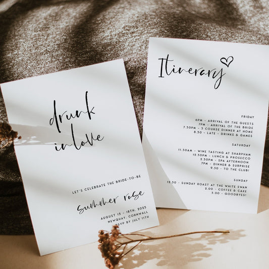 Fully editable and printable drunk in love invitation with a modern minimalist design. Perfect for a modern simple bridal shower themed party