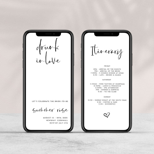 Fully editable Drunk In Love mobile invitation with a modern minimalist design. Perfect for a modern simple bridal shower themed party