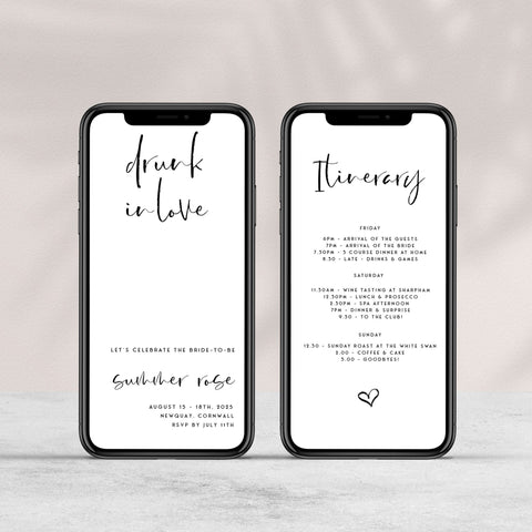 Fully editable Drunk In Love mobile invitation with a modern minimalist design. Perfect for a modern simple bridal shower themed party