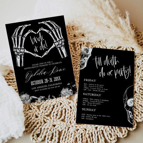 Fully editable and printable bridal and bachelorette invitation with a gothic design. Perfect for a Bride or Die or Death Us To Party bridal shower themed party